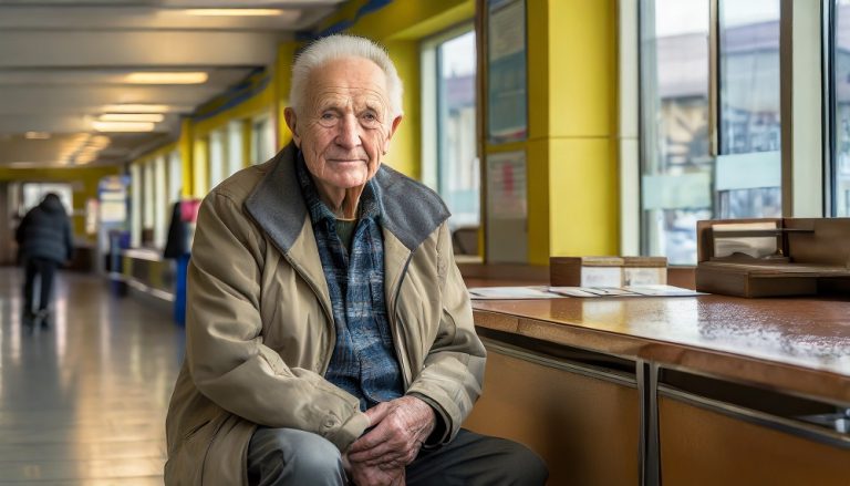 postán, öreg bácsi ül